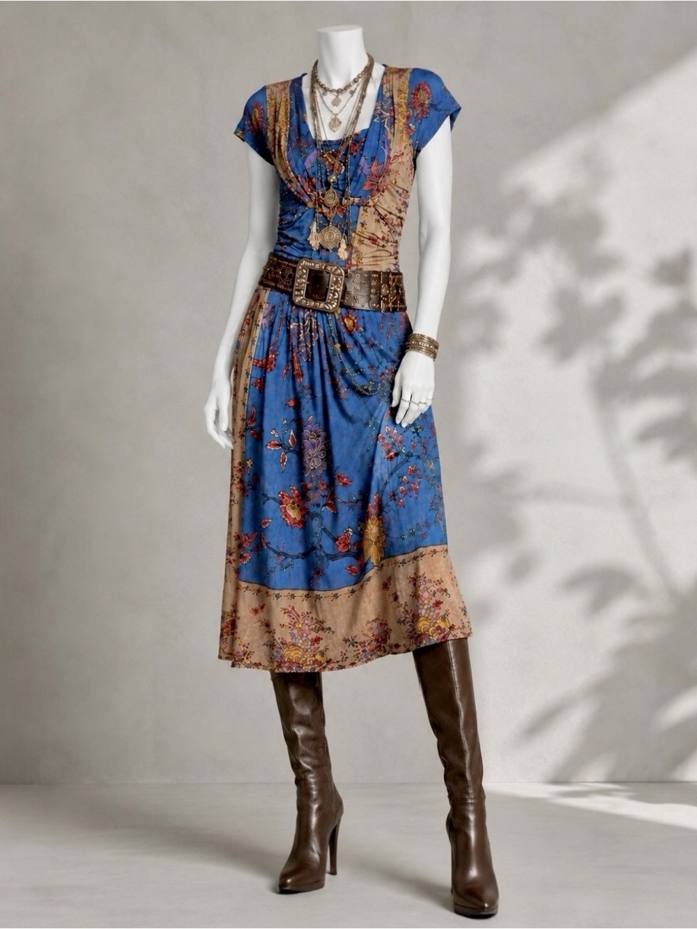 Etro Blue Floral Border Print Midi Dress US XS Stretch Knit Boho Festival